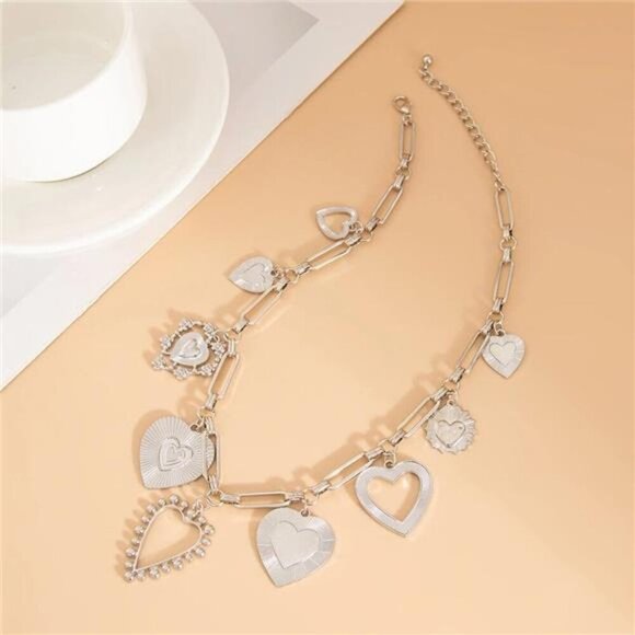 Chunky Heart Pendant Charm Necklace Silver Tone Fashion Layered Jewelry - Picture 5 of 7